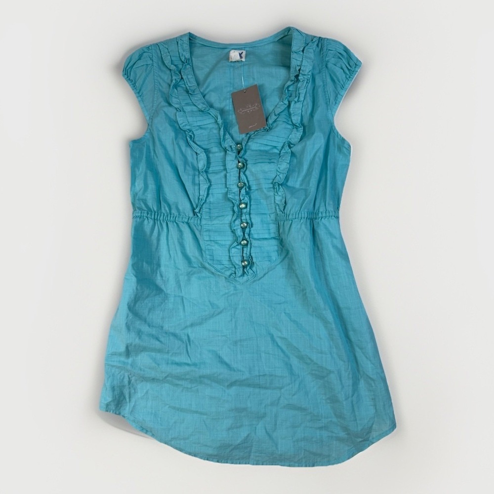 Anthropologie Edme & Esyllte Tunic Women's 6 Light Blue Aqua Ruffle Cap Sleeve